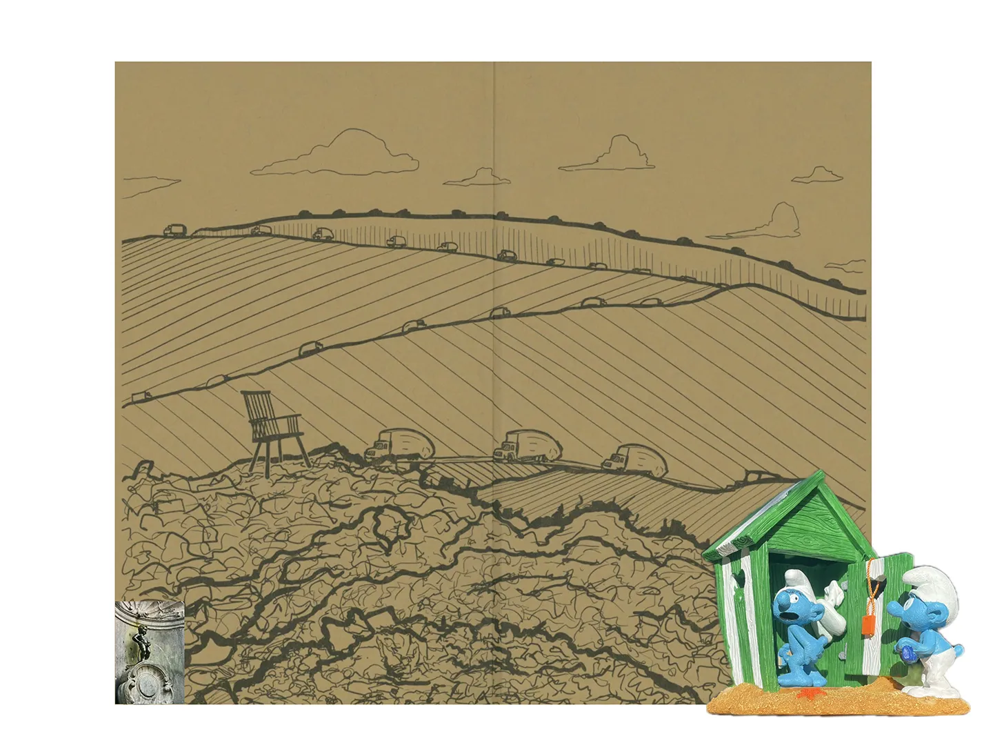 A statuette of Smurfs against a drawing.