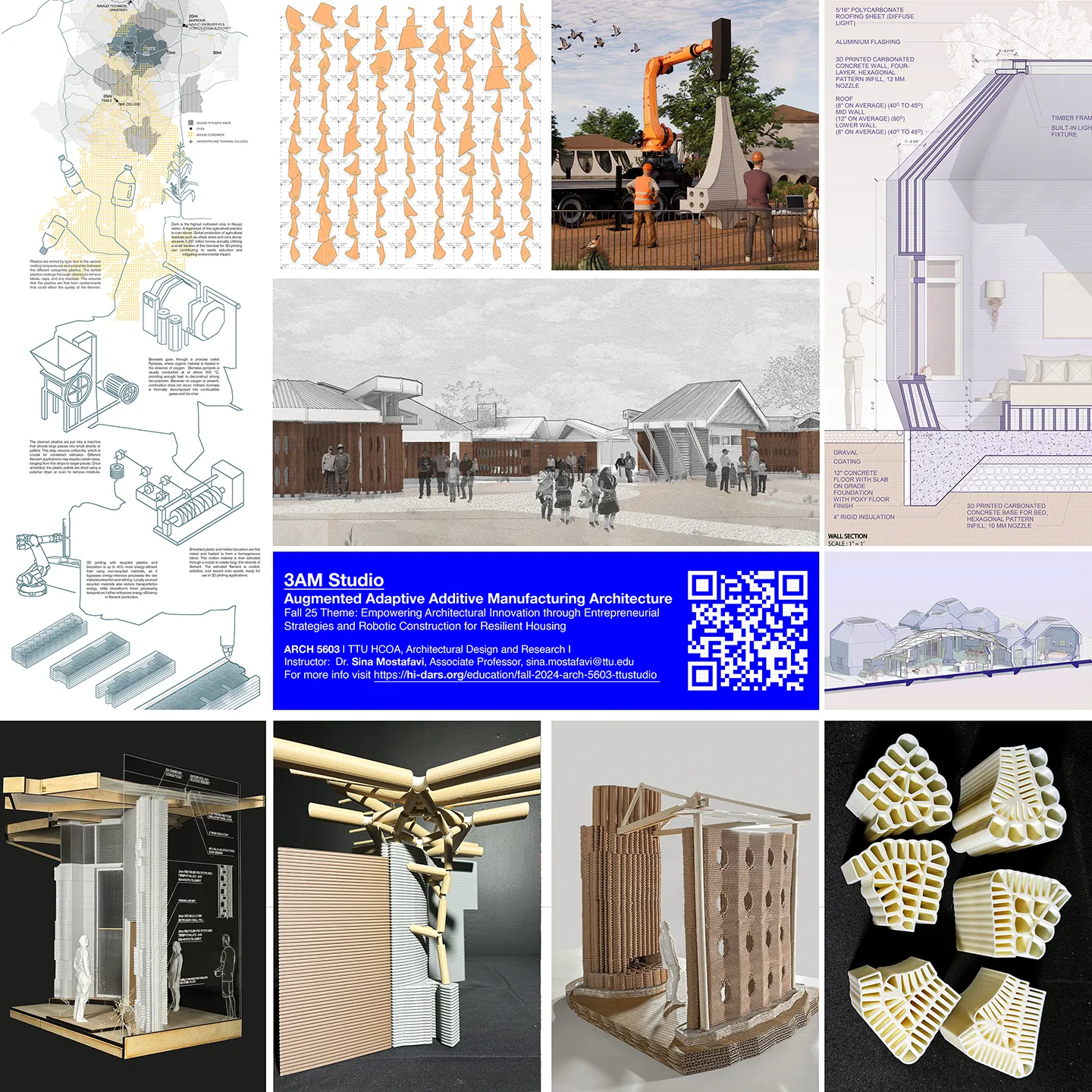 A grid of images show models, drawings, and other plans.