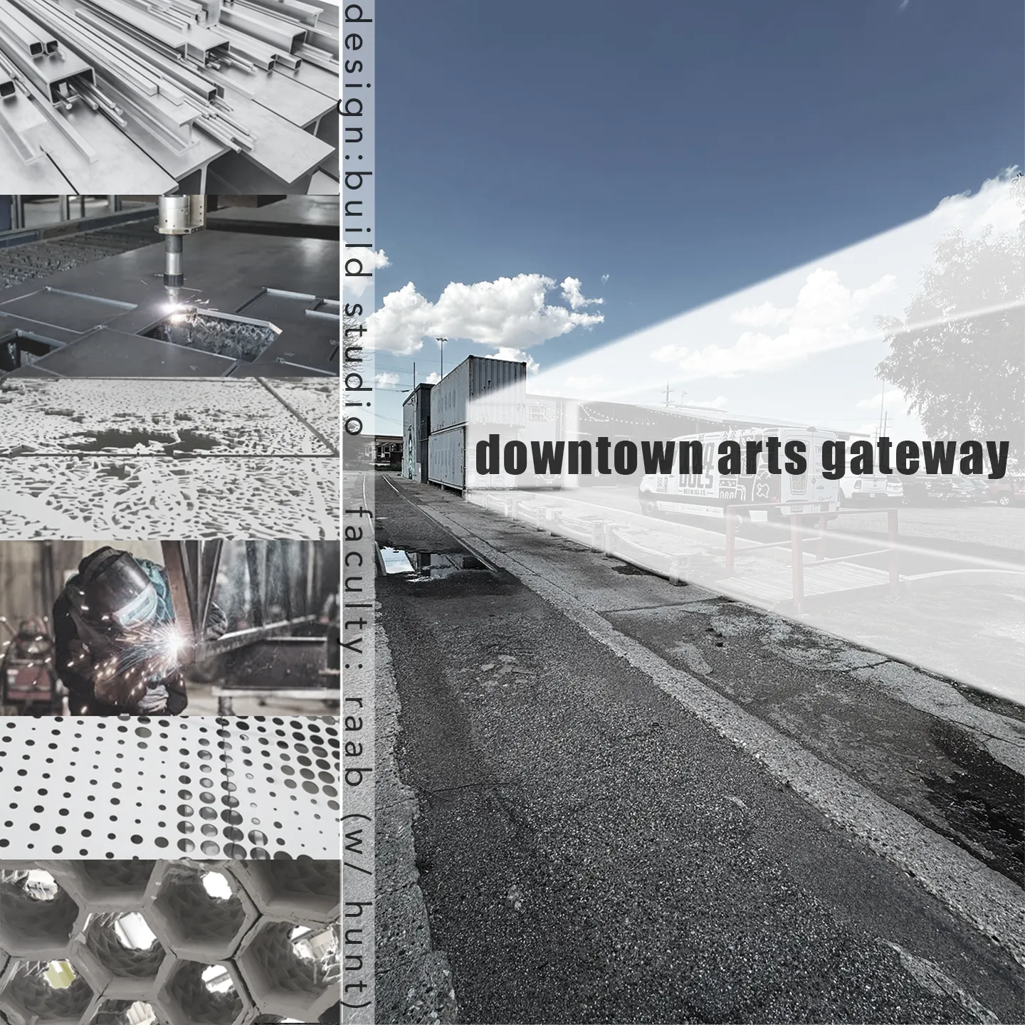 Photograph of downtown Lubbock with a montage of artists at work and their materials on the left.