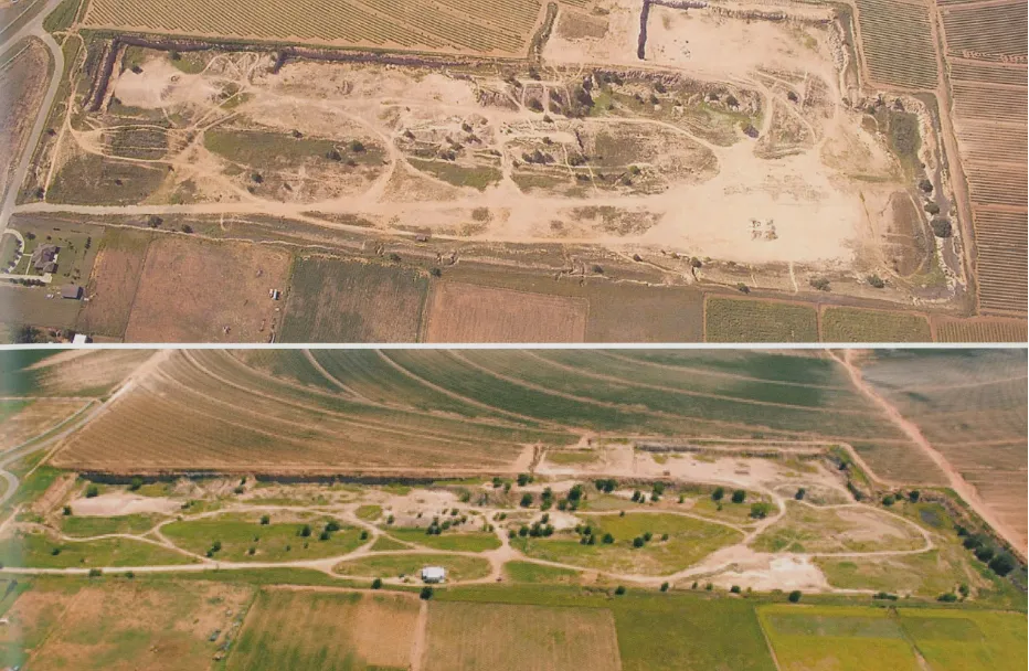 Two images of an open field, one showing it dry and a later image of it as a green field