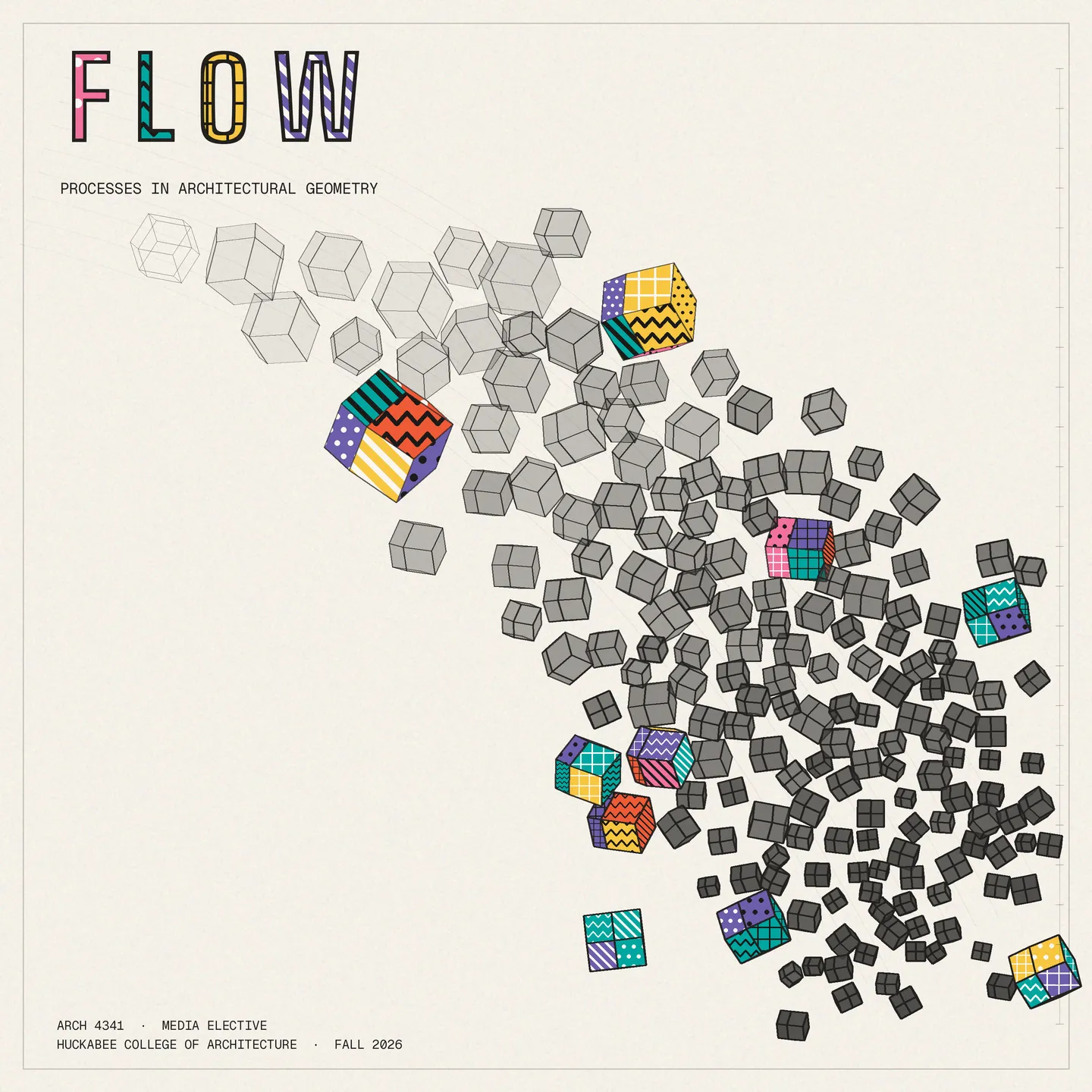A series of cubes flowing towards the bottom right corner