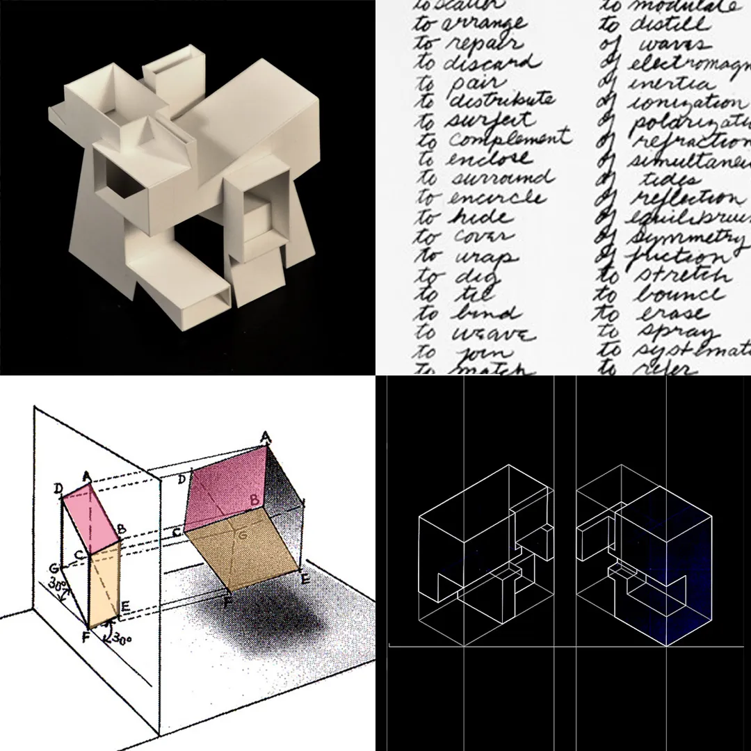 A grid of four images, three drawings and list of verbs.
