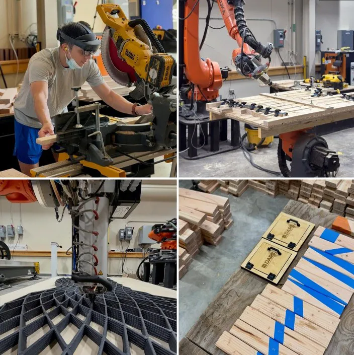 A series of four images of students building a project with the help of a robot arm.