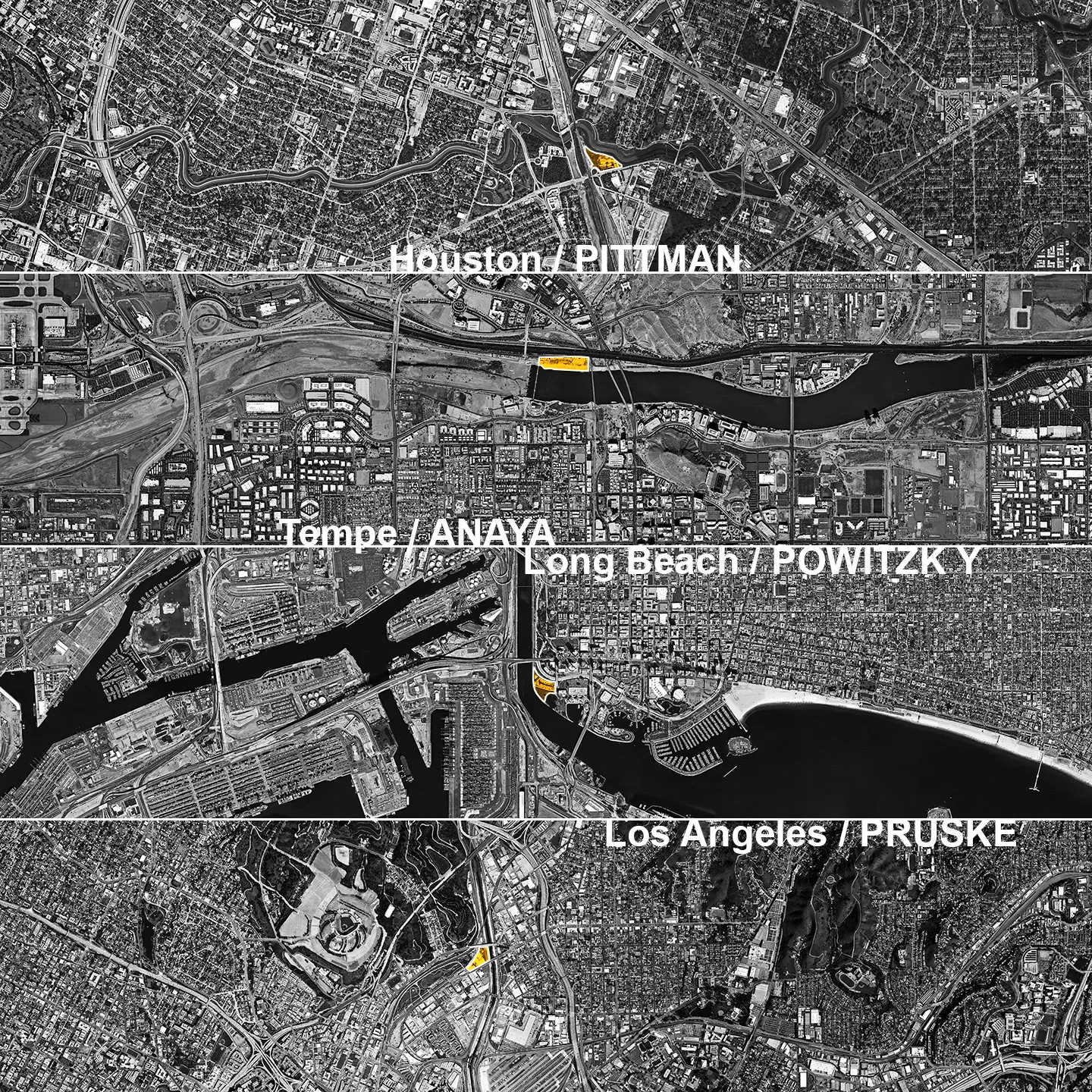 A series of four city satellite images