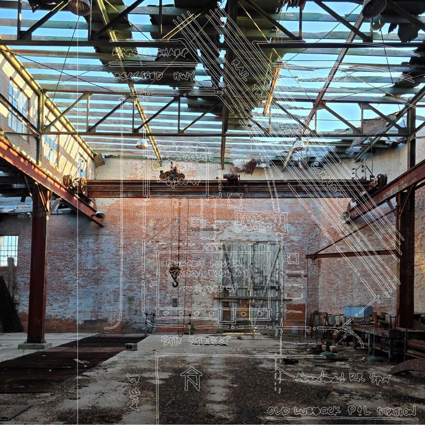 A photo of the old Lubbock power plant with renovation drawings superimposed.