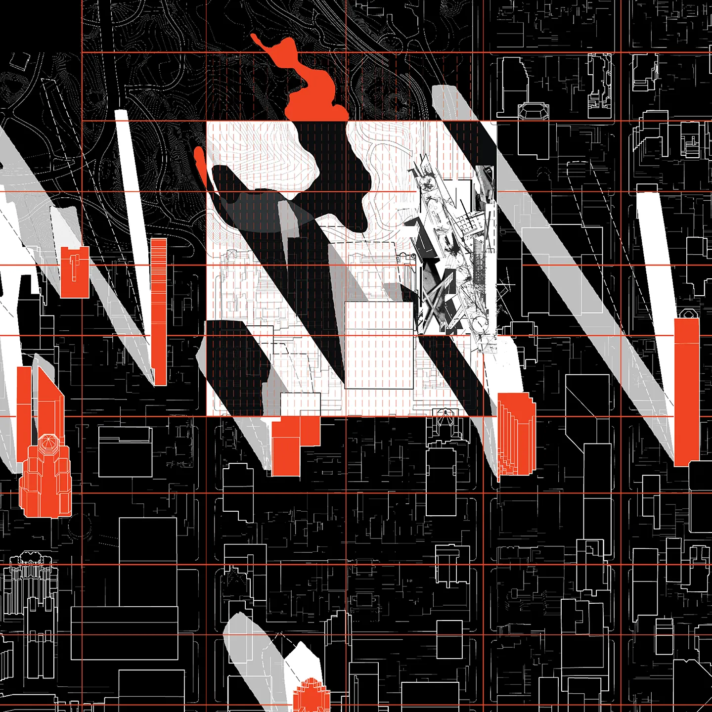 A black, white, and red-orange site plan drawing