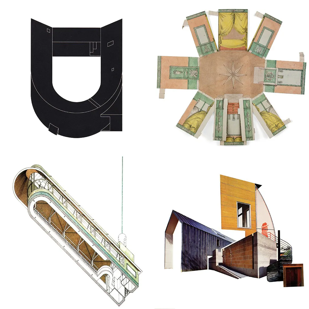 Hands holding a book and turning a page. The book is displaying an image of a basic home structure made from blue piping and metallic cloth.