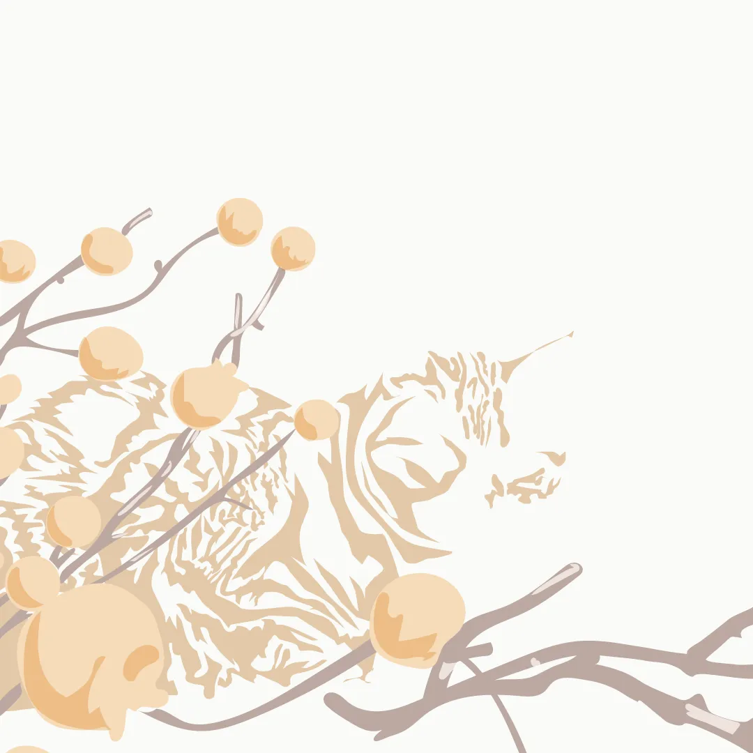 A rotoscoped illustrator of an orange tabby cat sitting amongst branches. Only the cat's orange stripes are rendered.
