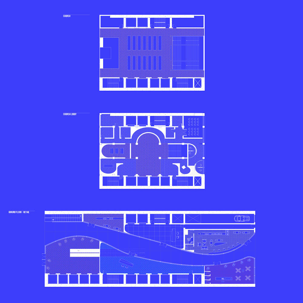 Blue blueprint drawing of church area.