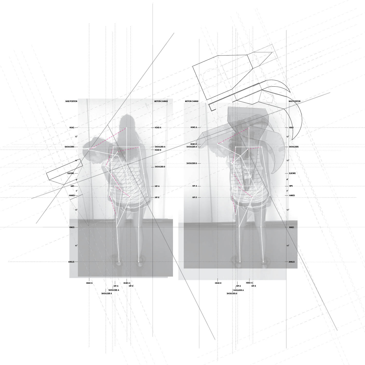 Double exposure skeletal wireframe drawing.