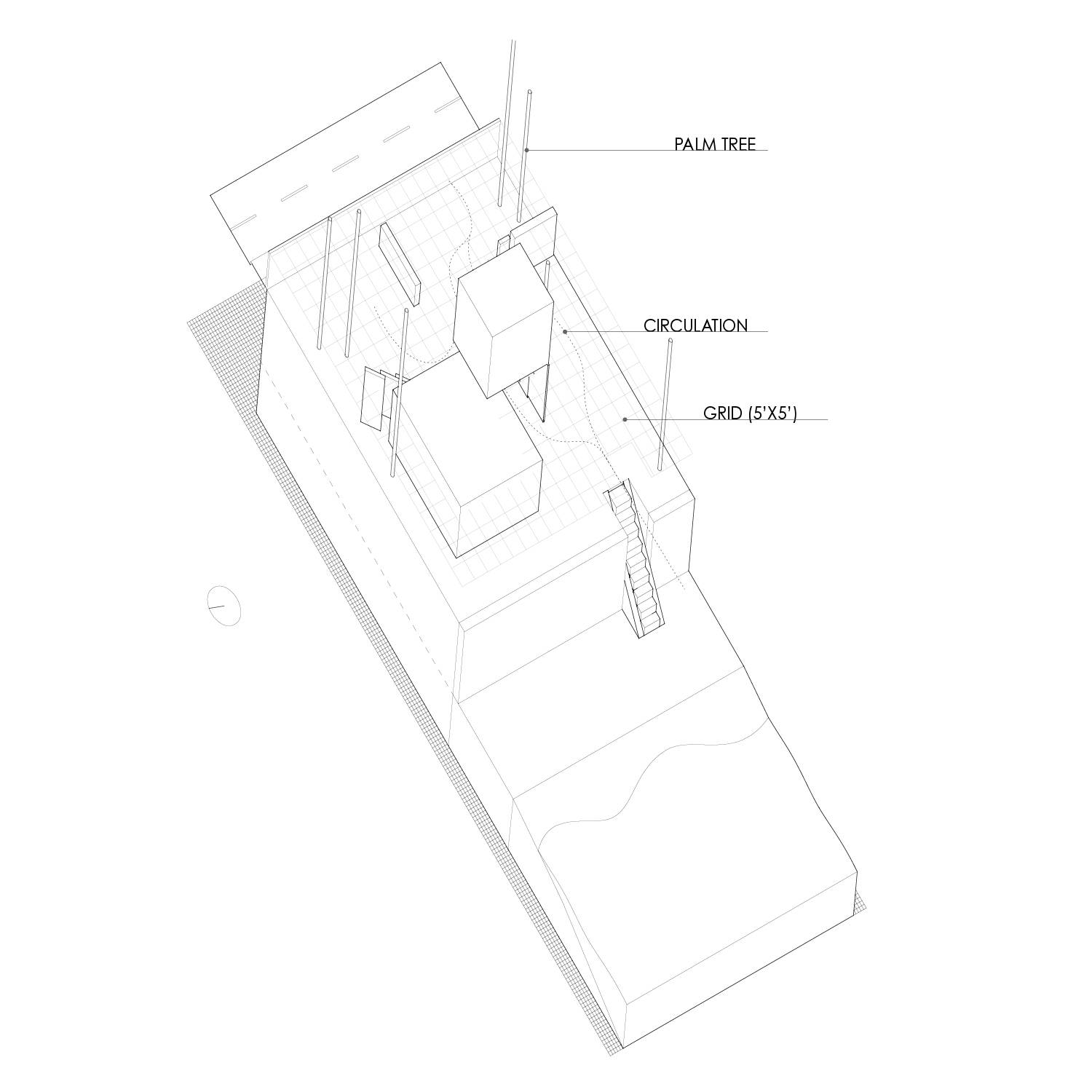 Overhead isometric view of street, beach, and structural center.