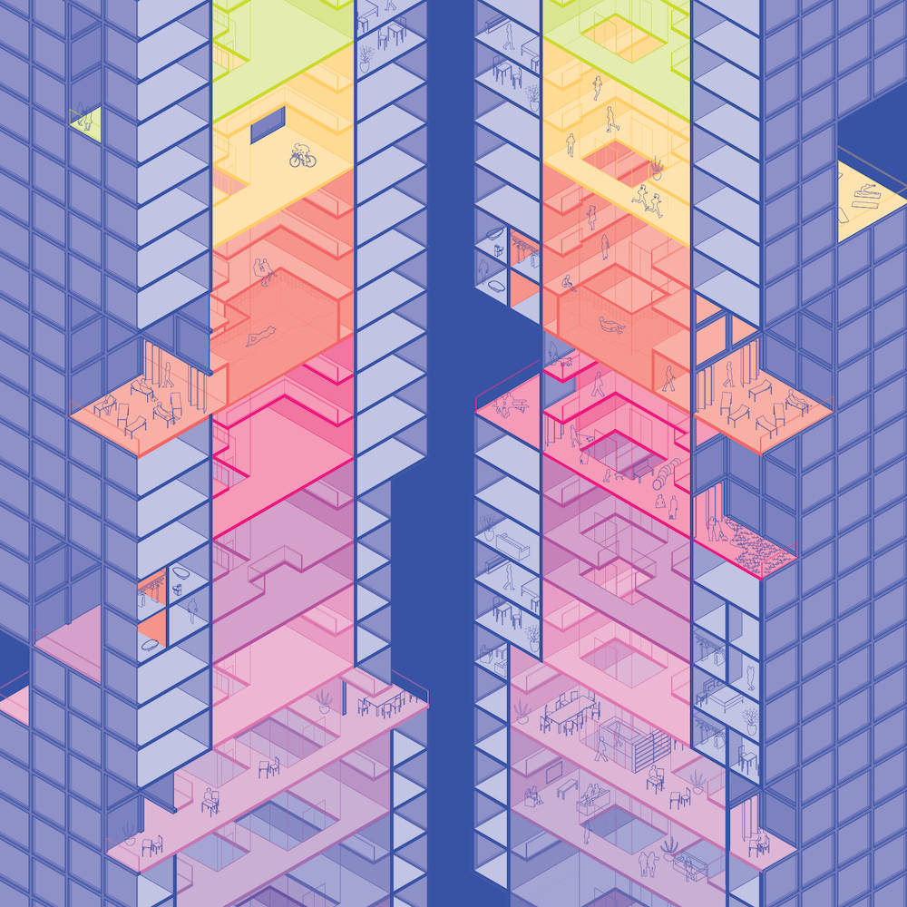 Digital illustration of bisected skyscraper.
