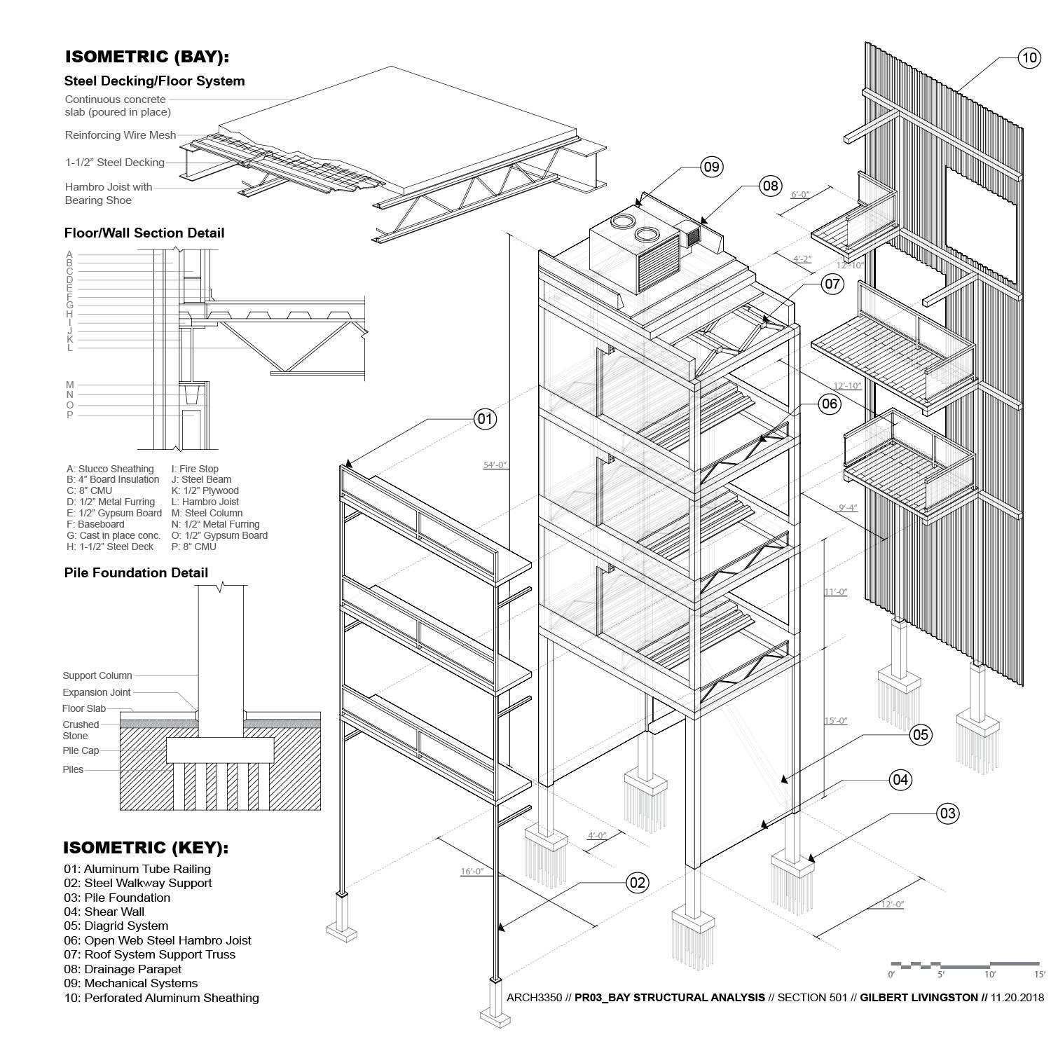 Isometric drawing of a steel decking and floor system.