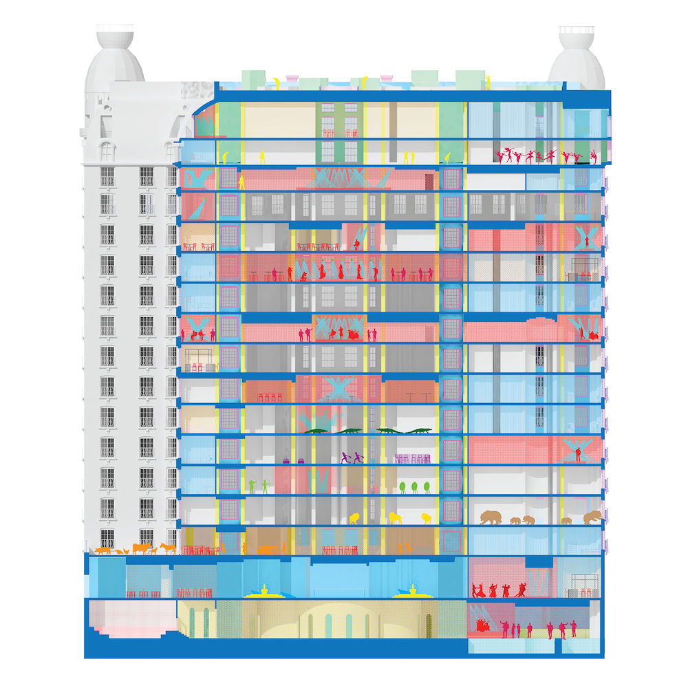 Side view of multi-story building, with small red figures for size reference.