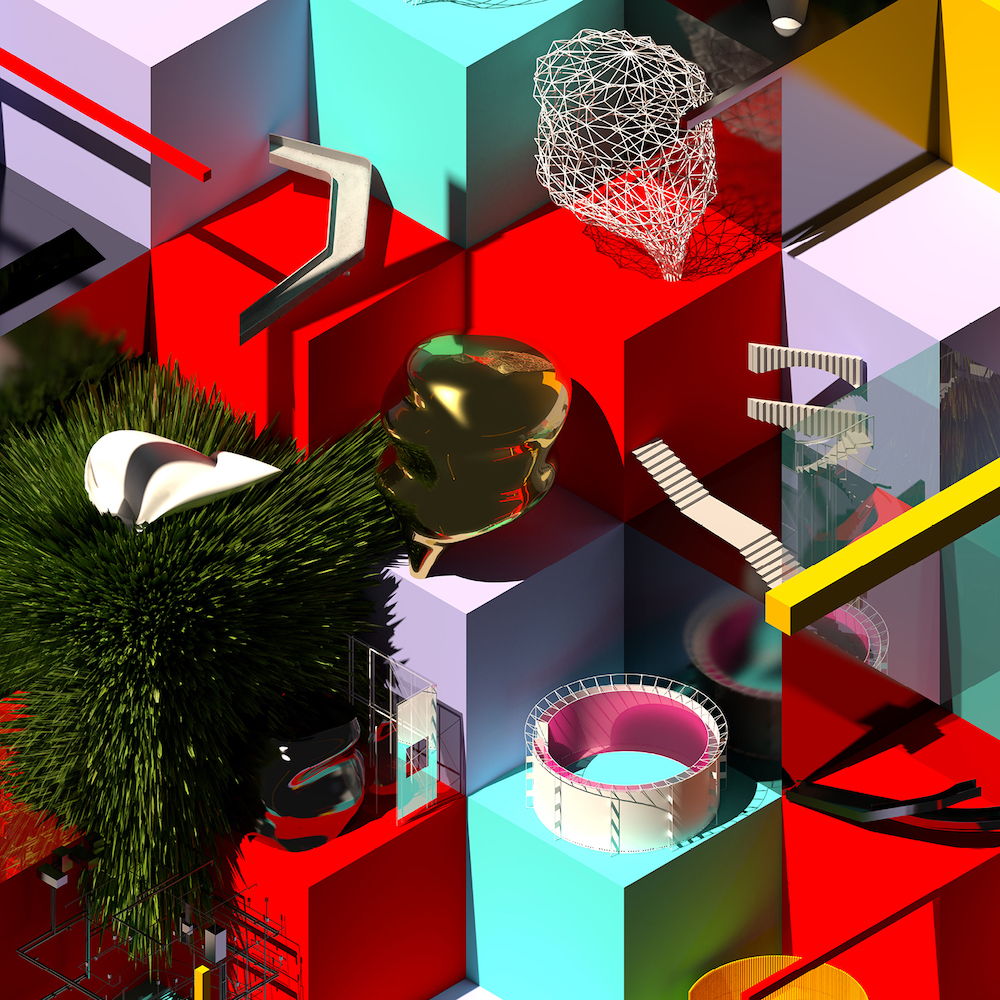 3D Escher-esque render of cubes with architectural structures.