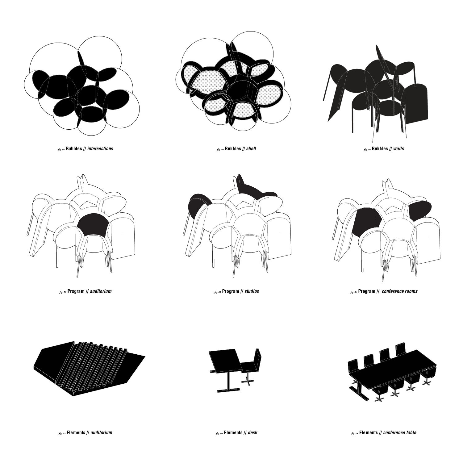 Monochrome renders of structures.