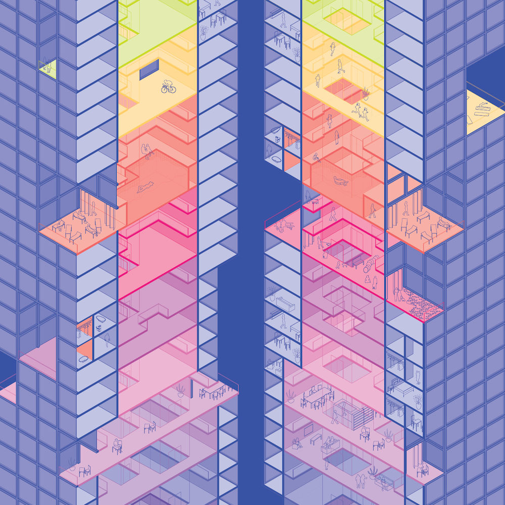 Colorful building cut-out view illustration.
