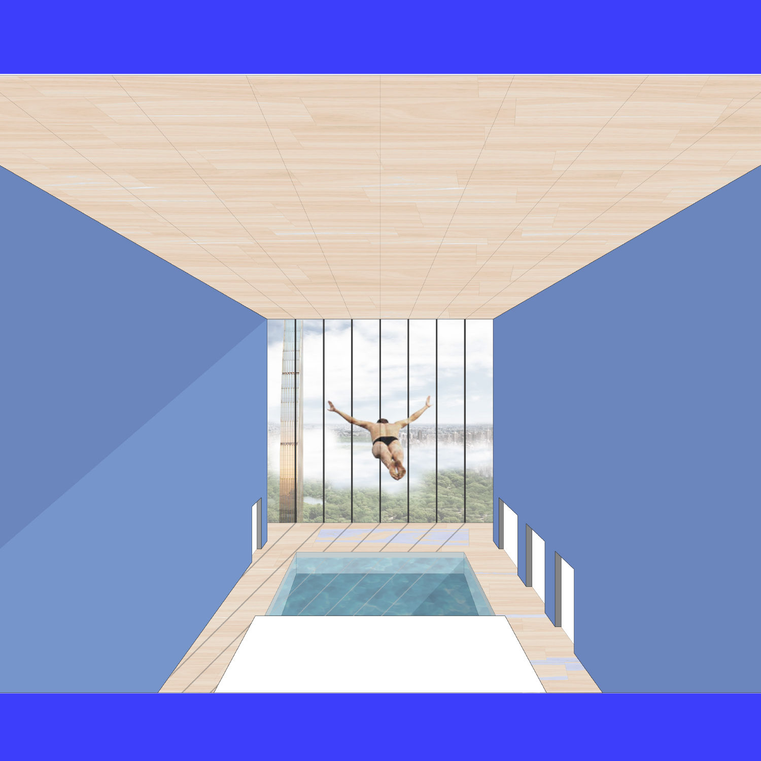 Render of man jumping into an indoor pool in a modern-style room.