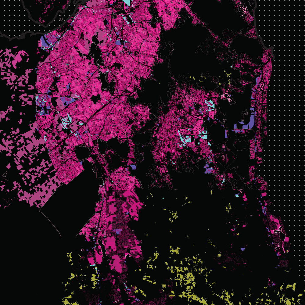 Colored map with dot pattern background.