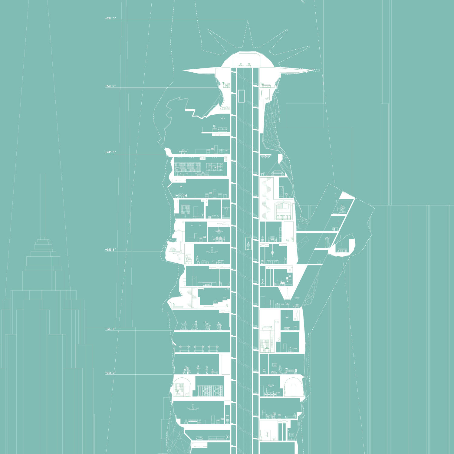 Side cutout view of Statue of Liberty.