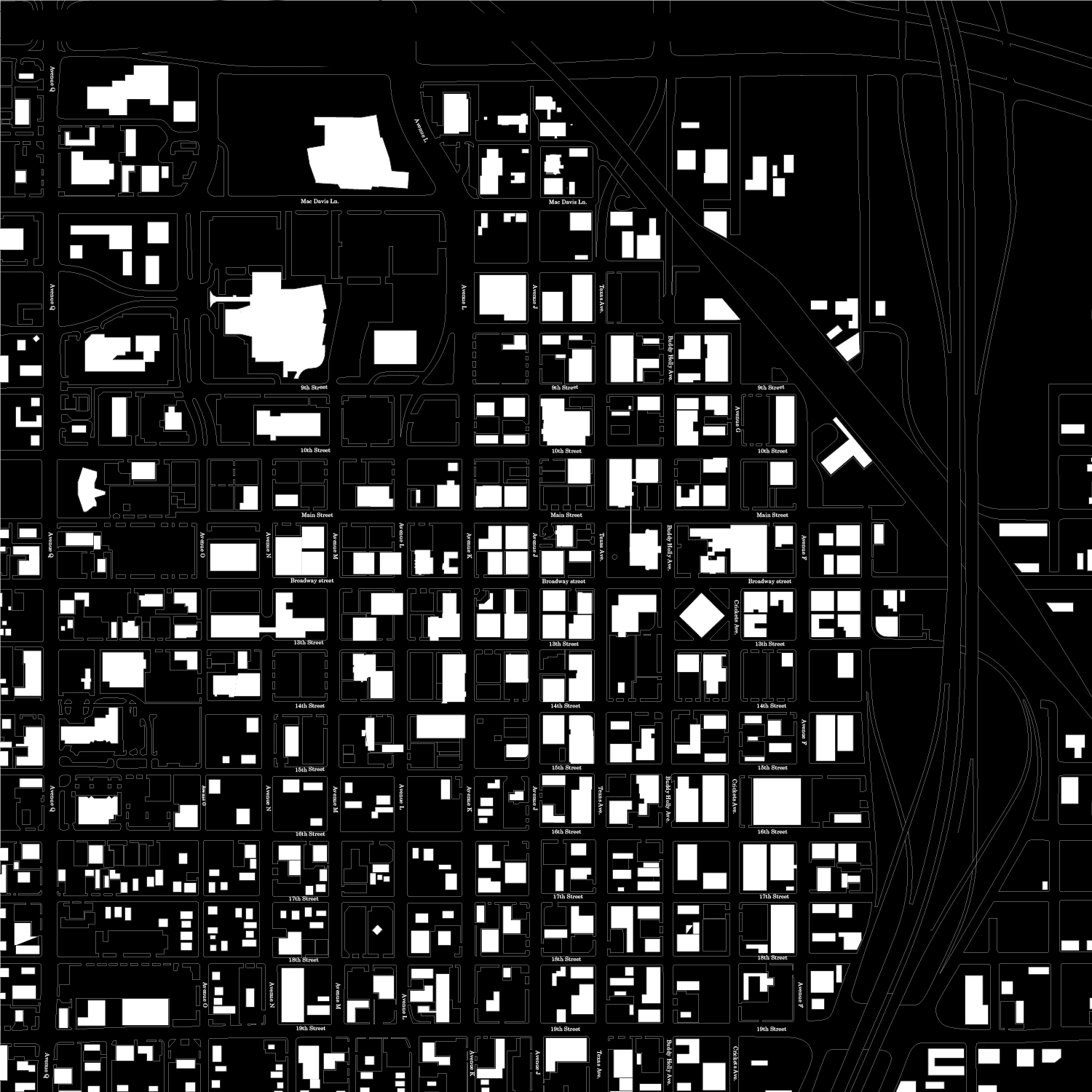 Monochrome overhead map of Lubbock, TX.