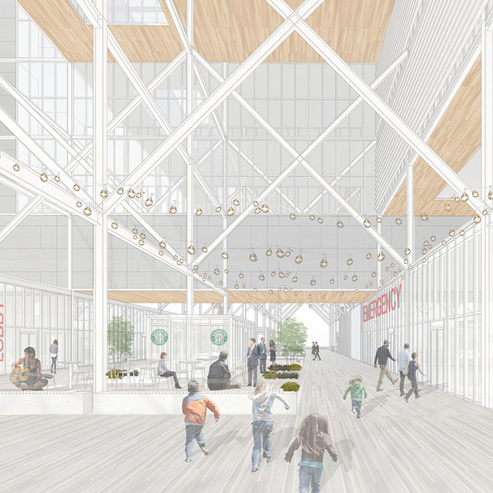 Concept drawing of courtyard area with emergency room and Starbucks