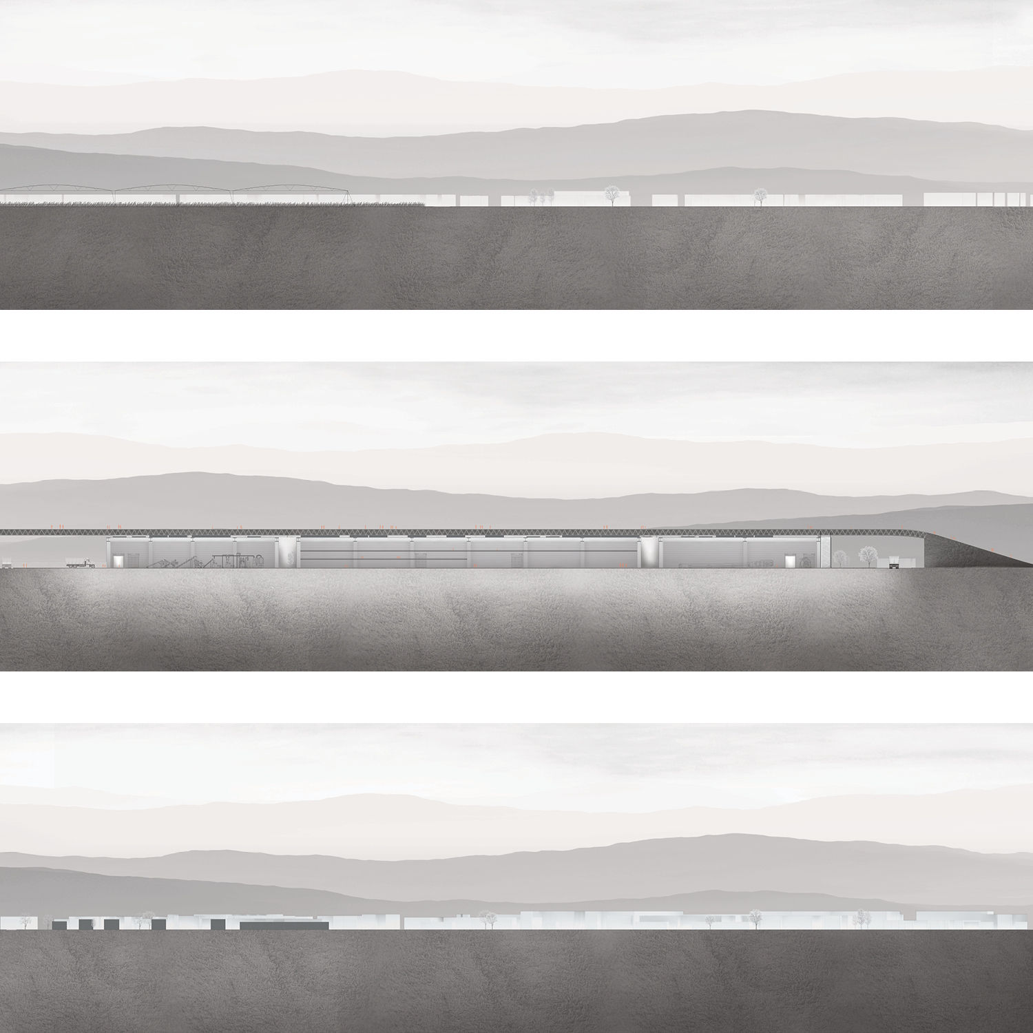 Landscape triptych with three different structure views.