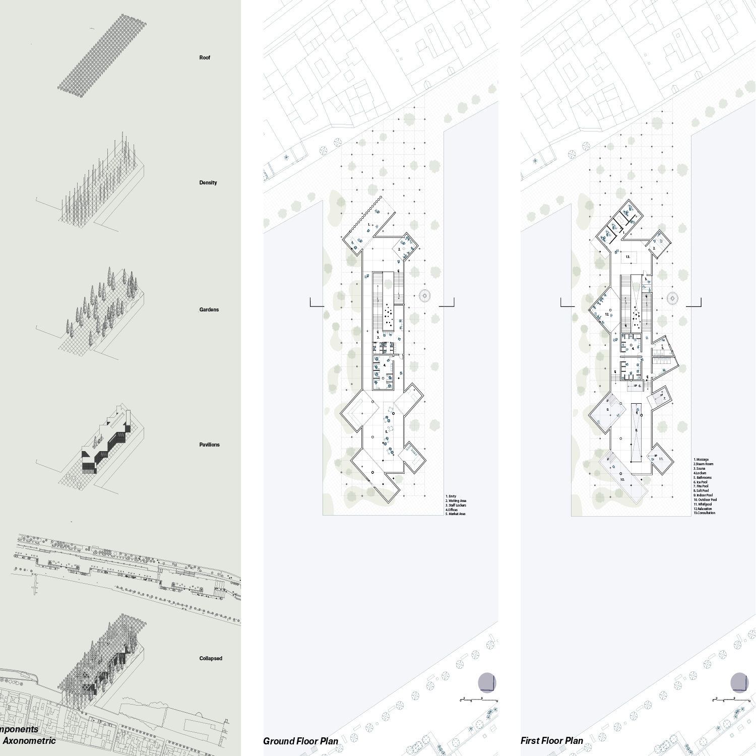 Birds-eye exploded view and overhead view mock-ups, with floor plan layouts. Triptych.