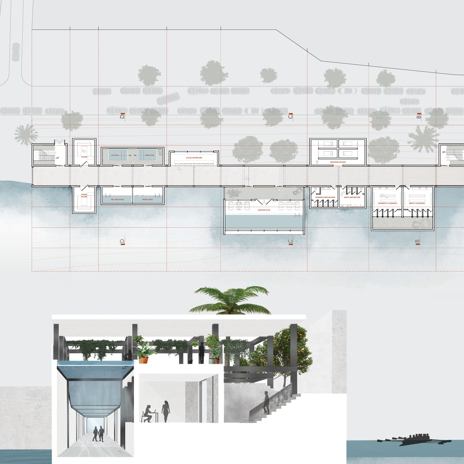 Office area floor plan layout and internal view mock-up with detail.