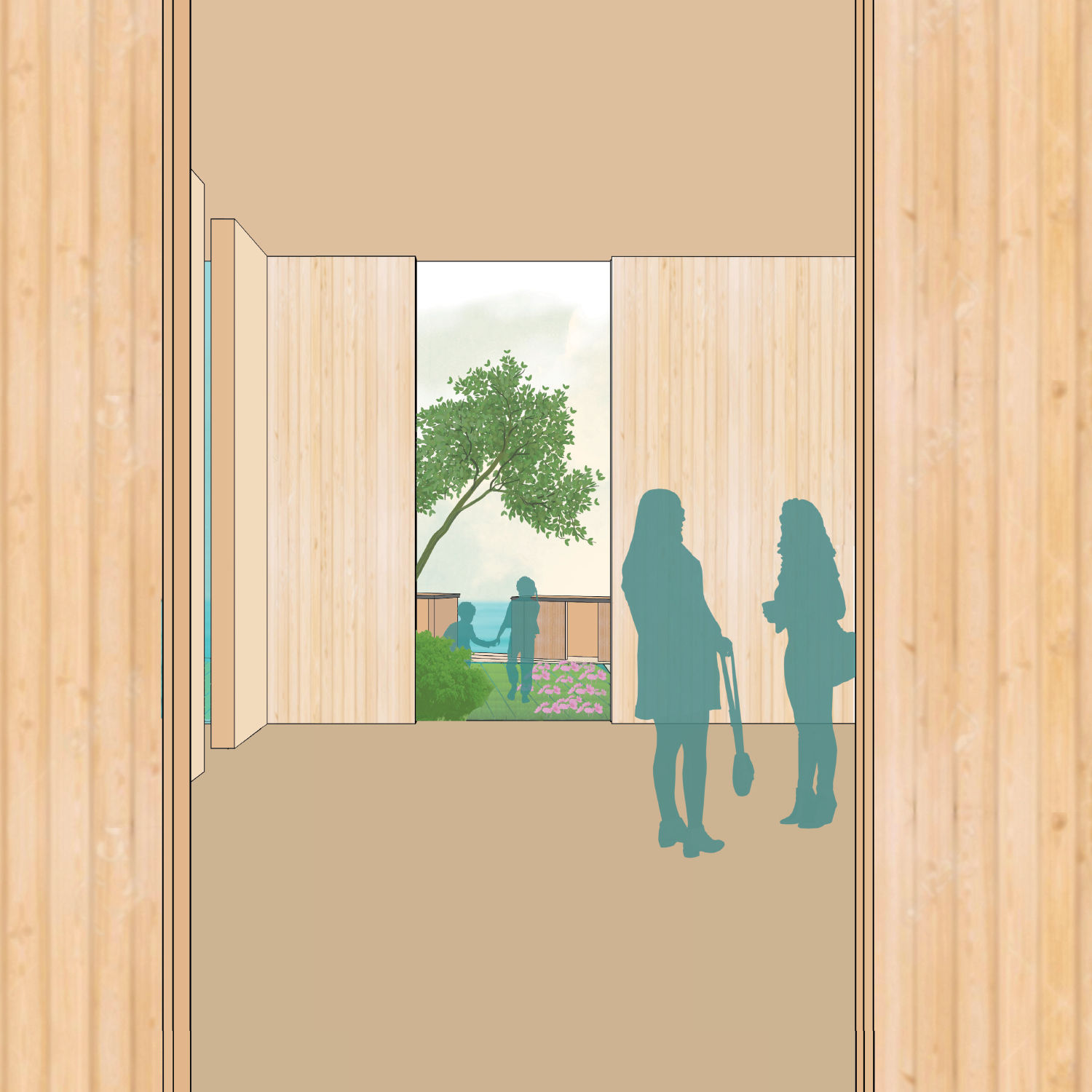 Wood texture CAD room design (open view to exterior), with people for scale.