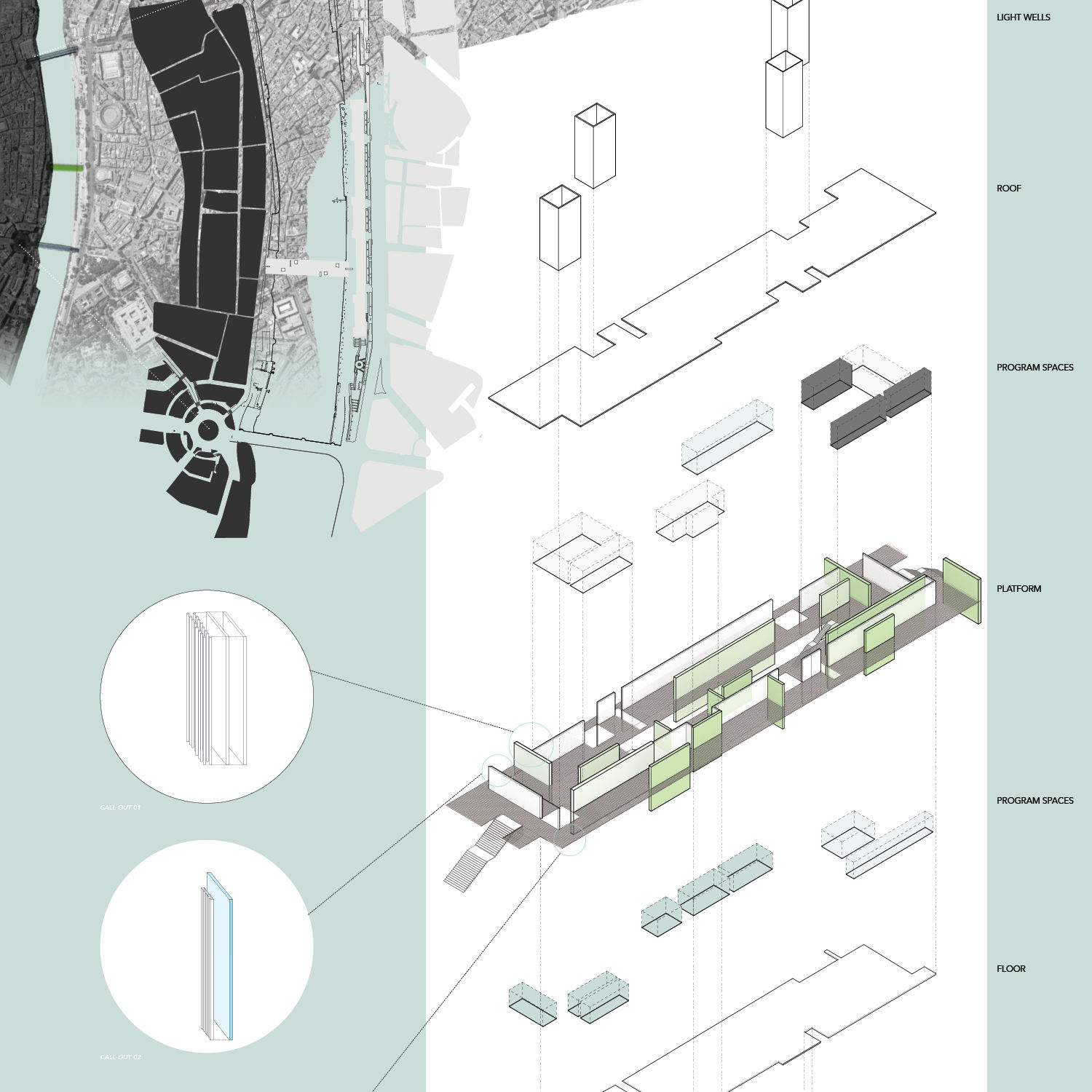 Exploded view CAD model of building, with two expanded wall call outs.