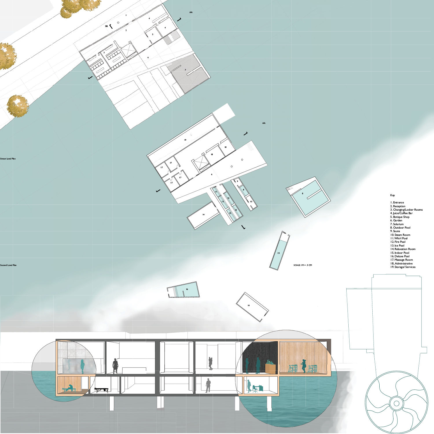 Overhead CAD drawing of riverside building, with key and side view of overall structure.