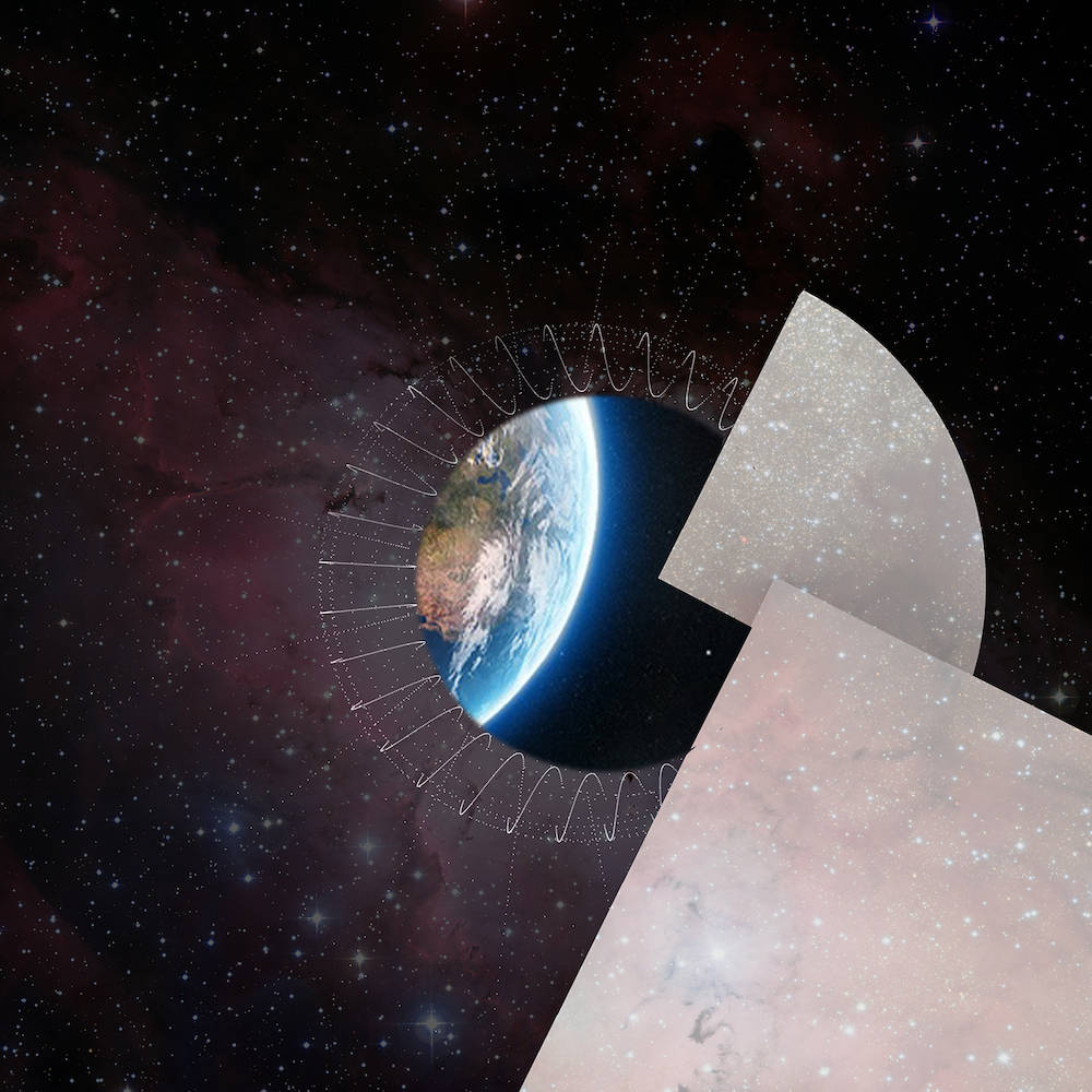 Composite image of the Earth in space, with quarter-circle cutouts of the moon.