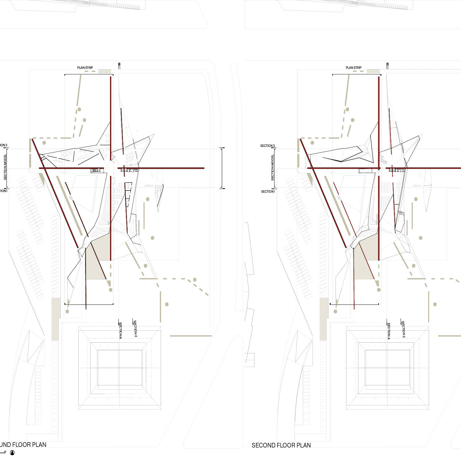 Overhead views of floor plans.