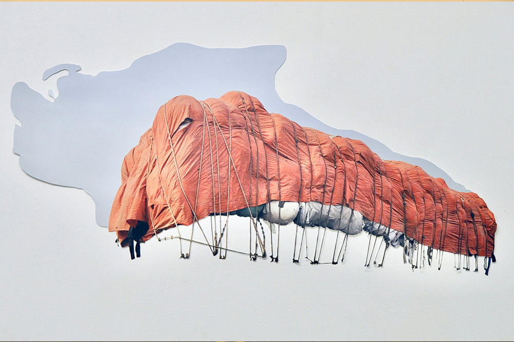 two-dimensional wall fabrics &nbsp;representing a tarp-like object floating in a cloud like form