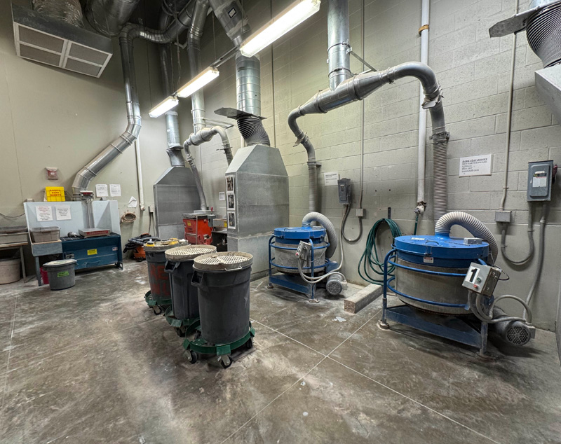 Clay mixing room highlighting all of the items listed below