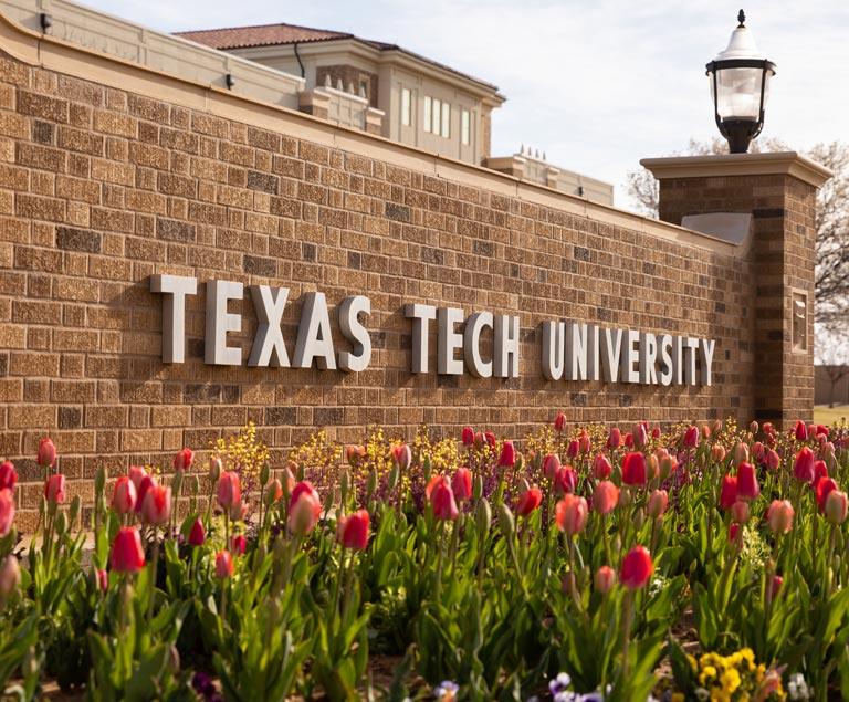 texas tech university marque with tulips in the foreground