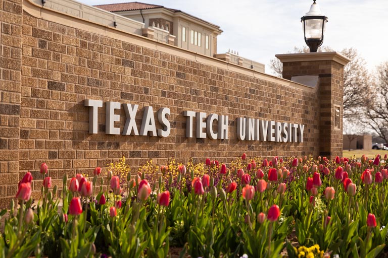 texas tech university marque with tulips in the foreground