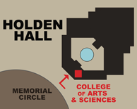 A map showing the location of HH 102 in the building. HH 102 can be accessed by entering Holden Hall from the entrance which faces Memorial Circle.