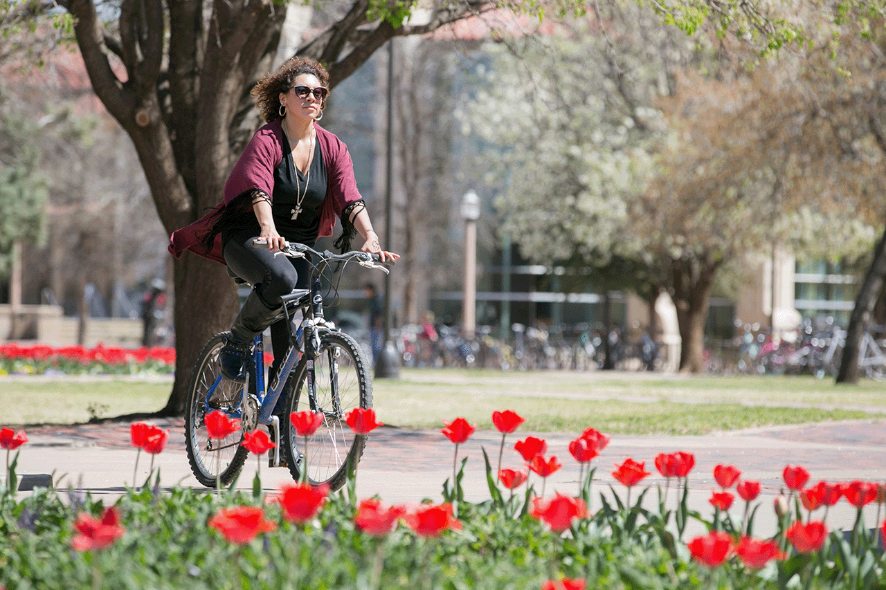 Woman bicycling on the Texas Tech campus