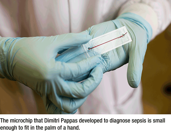 The microchip that dimitri Pappas developed to diagnose sepsis is so small it fits in the palm of a hand.
