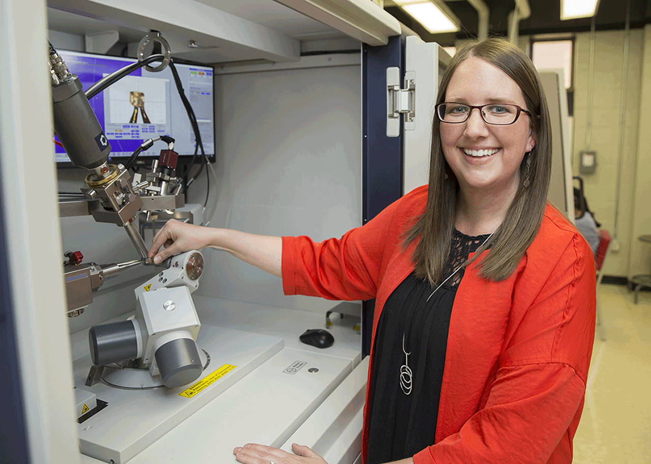 TTU chemist Kristin Hutchins with lab equipment