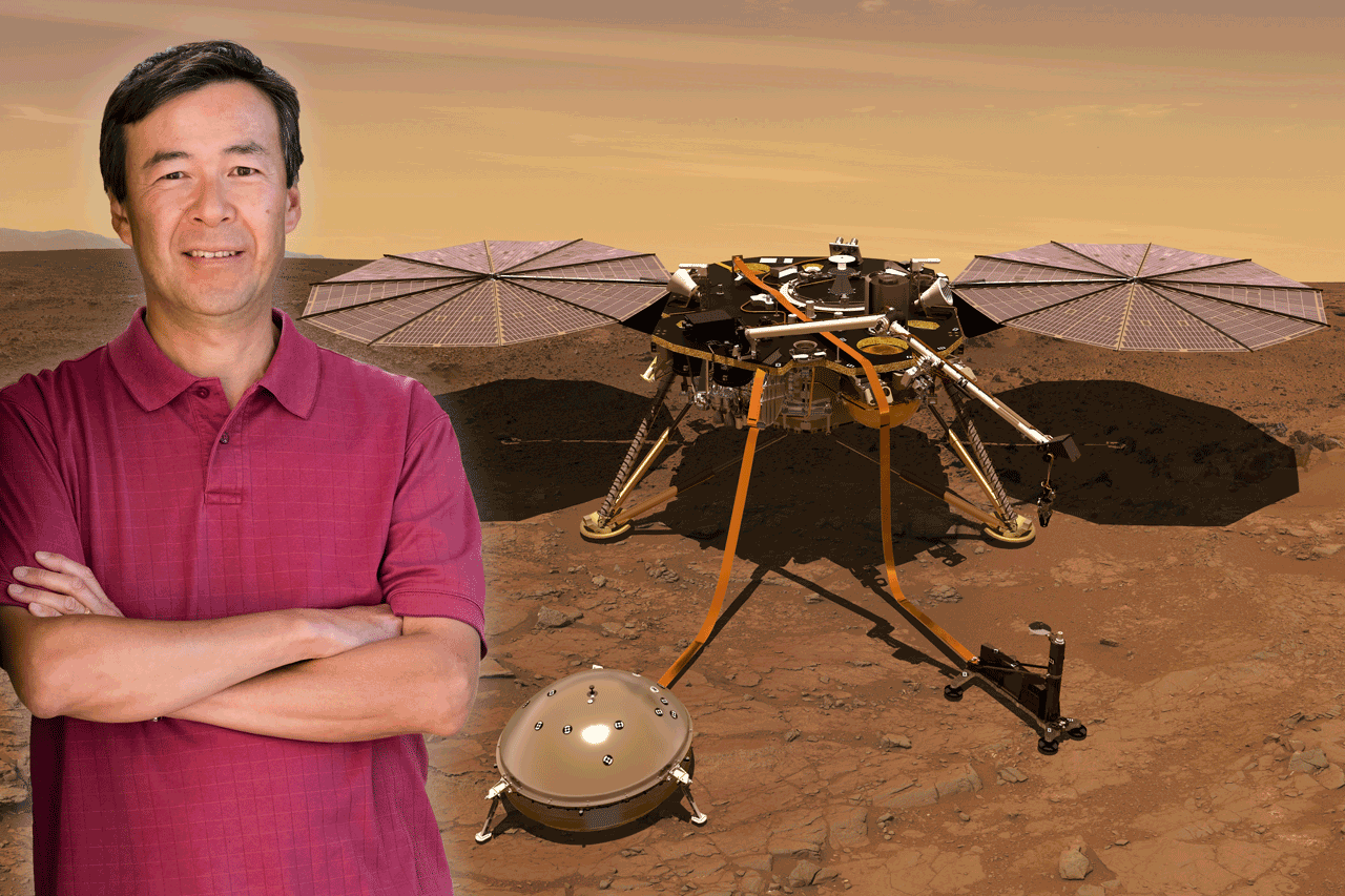 TTU Geophysicist Seiichi Nagihara with artist's conception of NASA's MARS InSight Lander on Mars