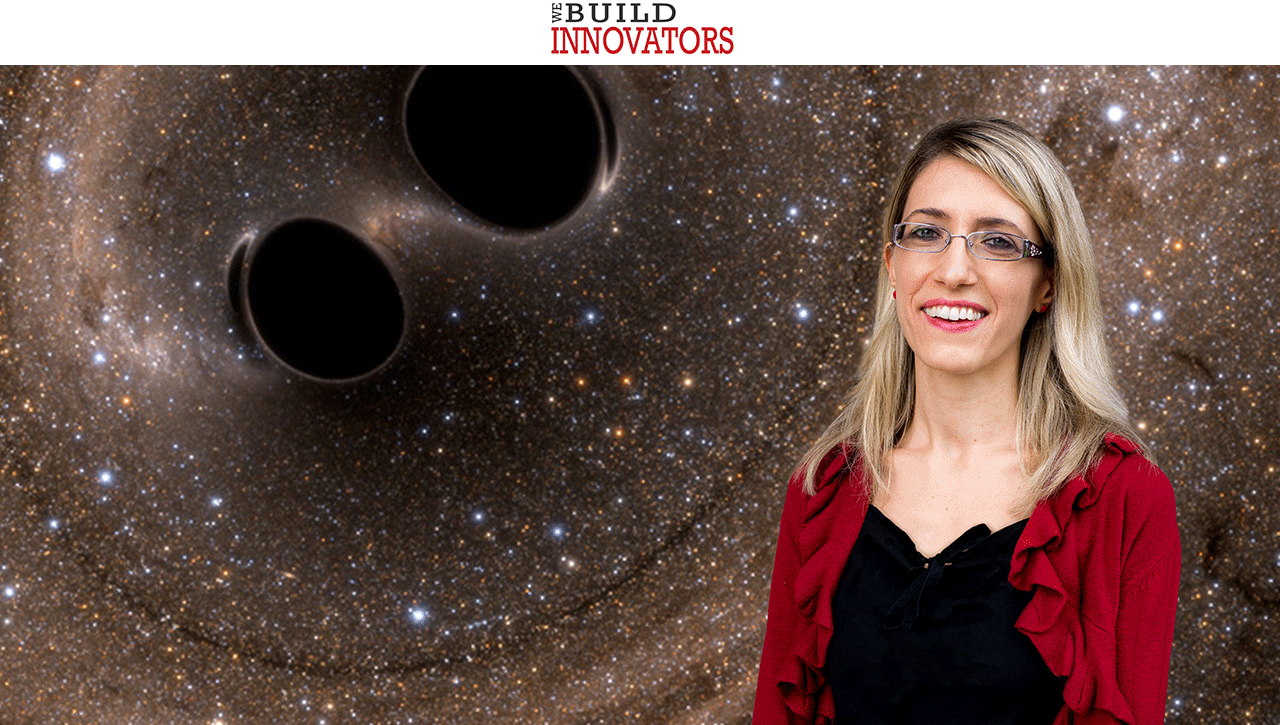 TTU astrophysicist Alessandra Corsi with illustration of black holes converging