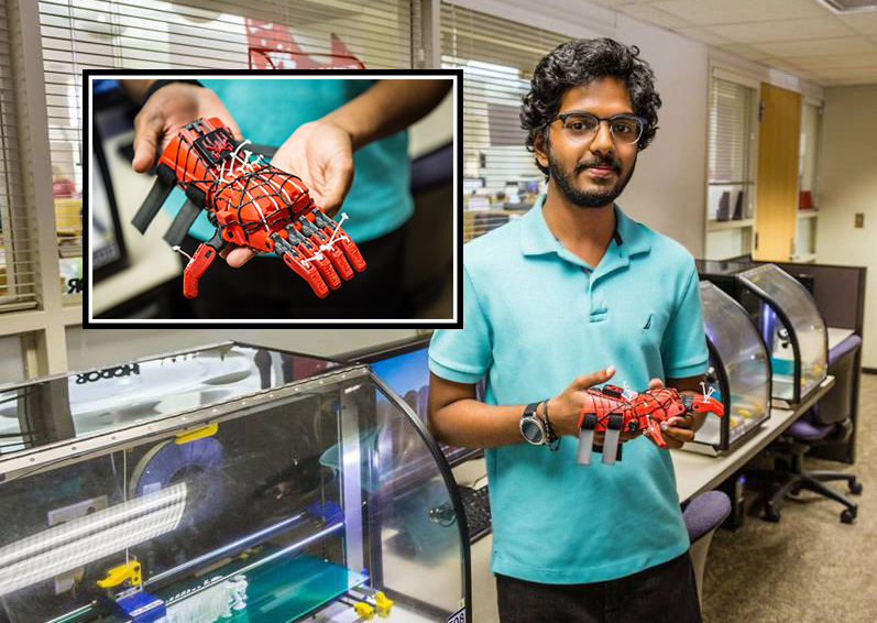 SivaTeja Pati, biology major at TTU, prints a 3D prosthetic hand