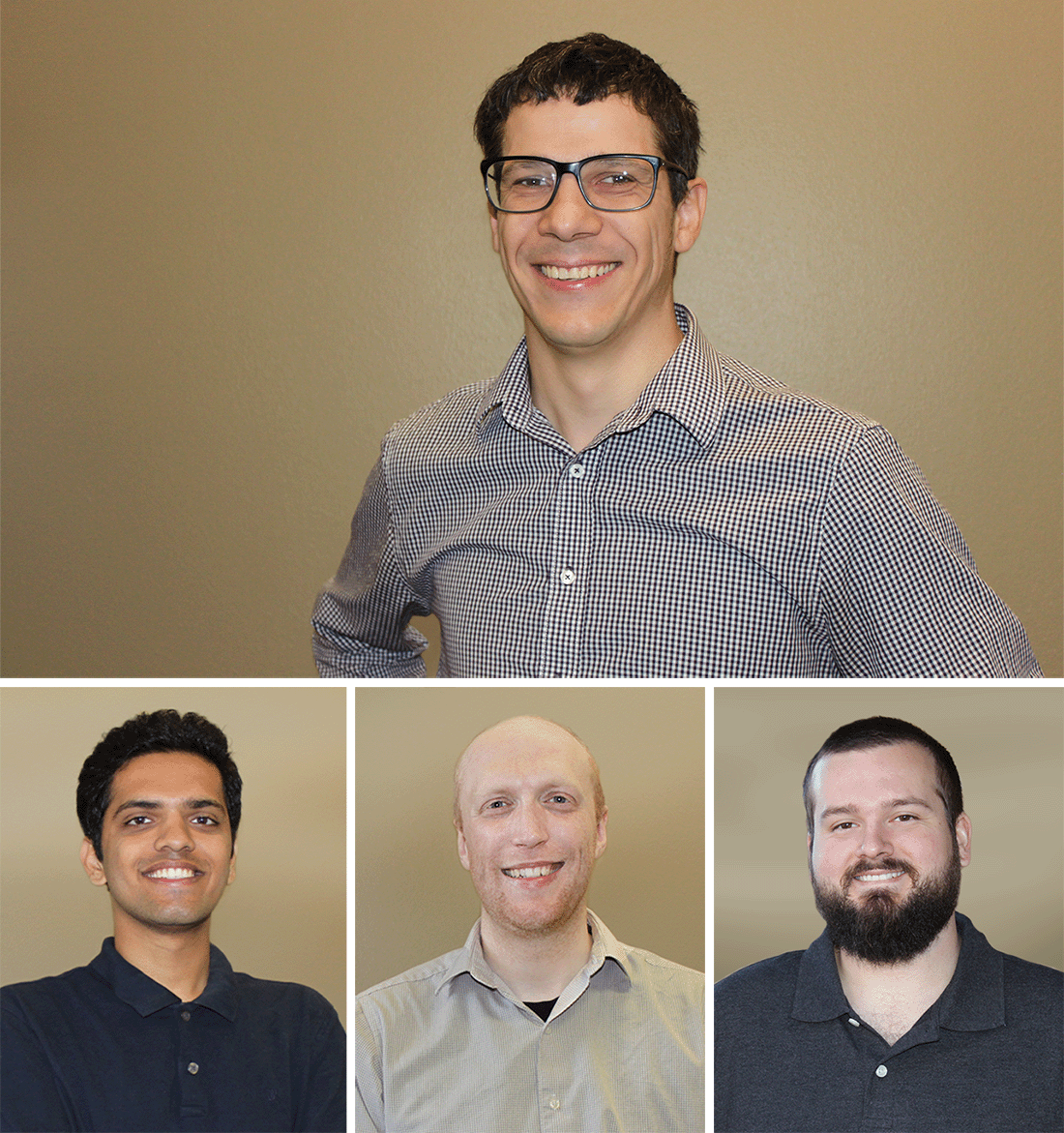 Top: TTU physics professor Thomas Kupfer; Bottom left to right: TTU physics grad students Kunal Deshmukh, Eric Stringer and Corey Bradshaw; TTU photos by Toni Salama 