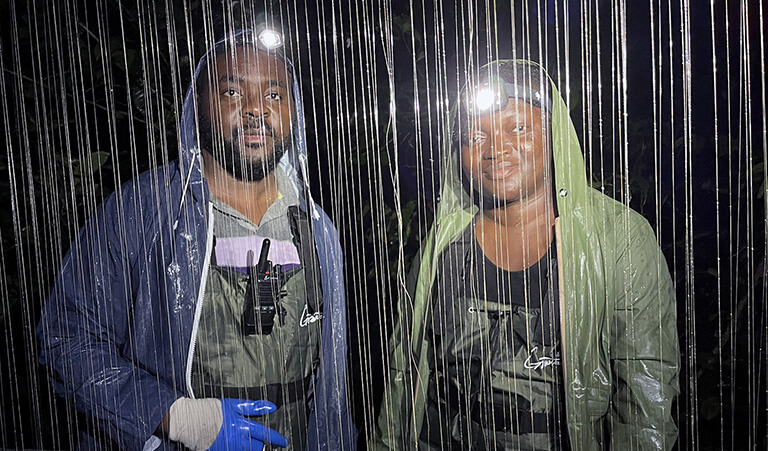 two Texas Tech researchers in the rain at night
