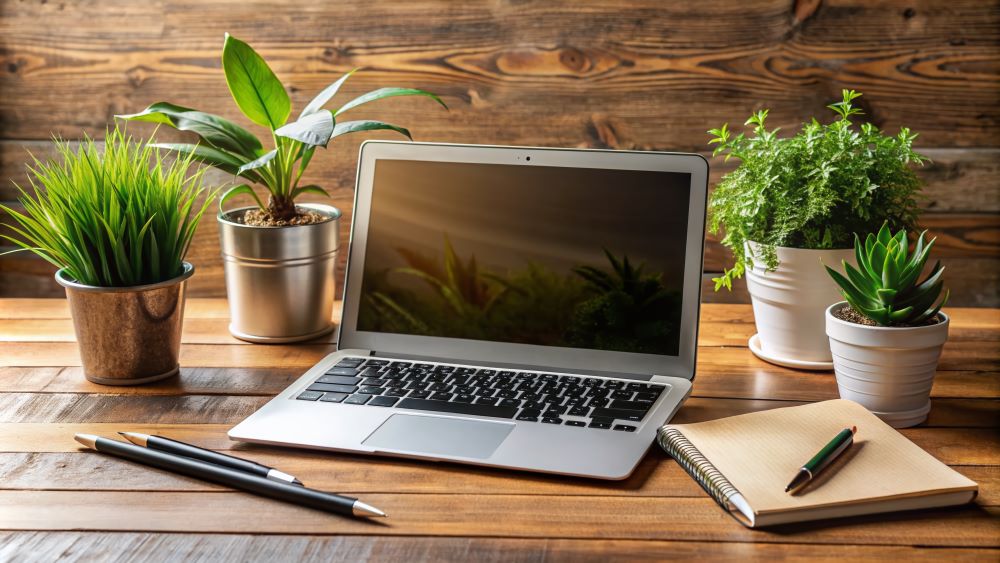 Desk with laptop and plants Desk with laptop and plants
