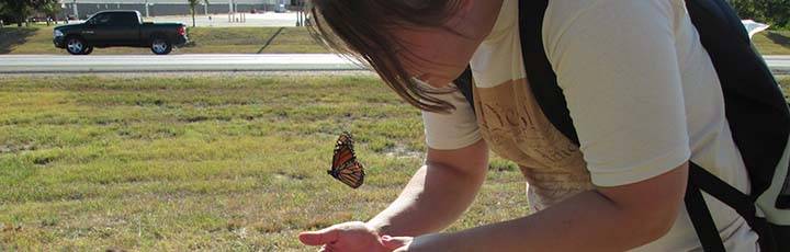 Student holding a butterfly
