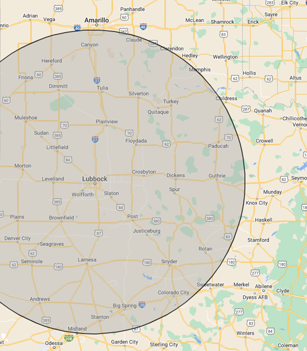 mobile clinic service area map, centered on Lubbock and reaching as far north as Amarillo, as far east as Knox City, and as far south as Midland